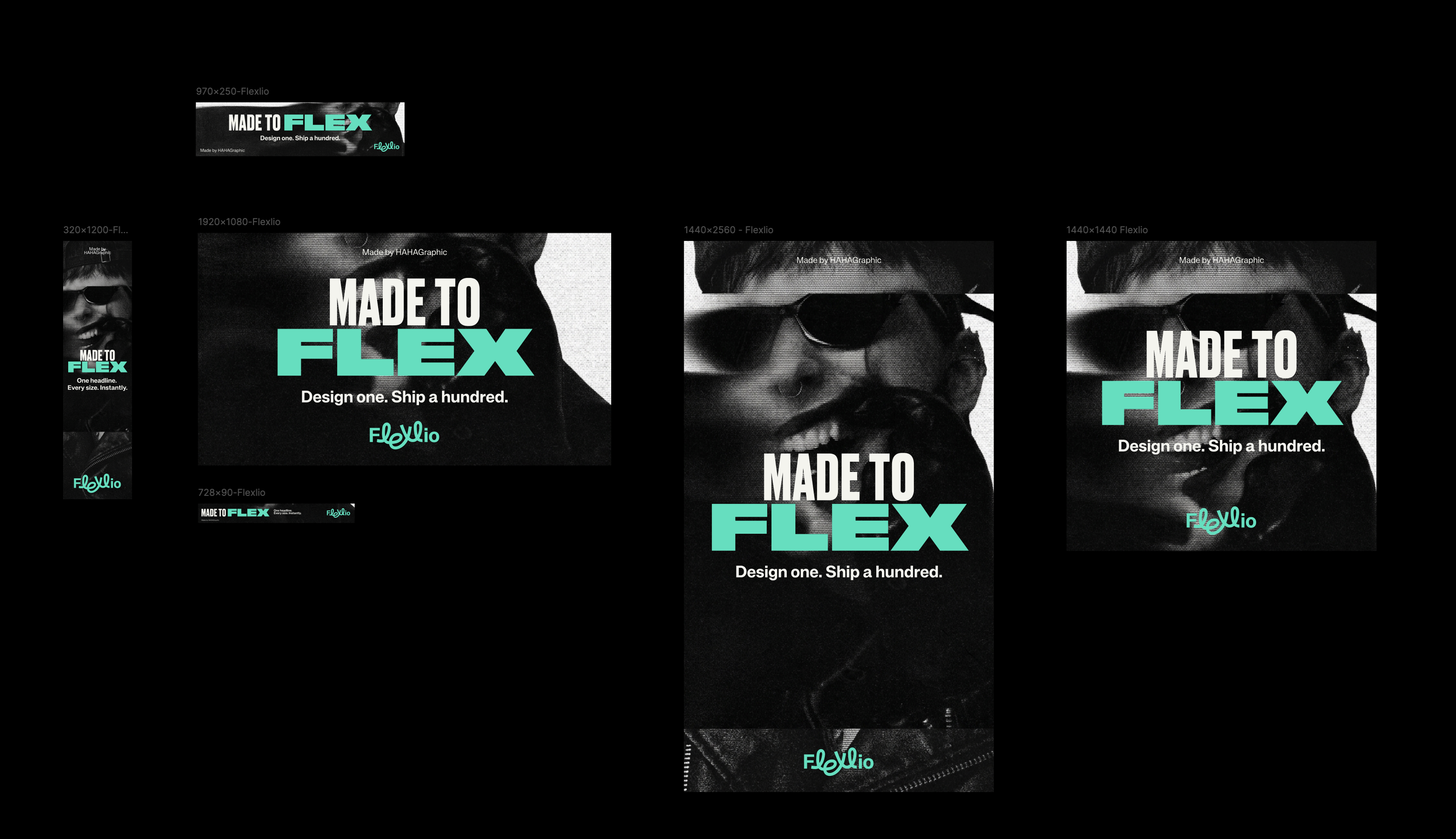 Grid of Flexlio-generated banner sizes, all built from the same Made To Flex master design