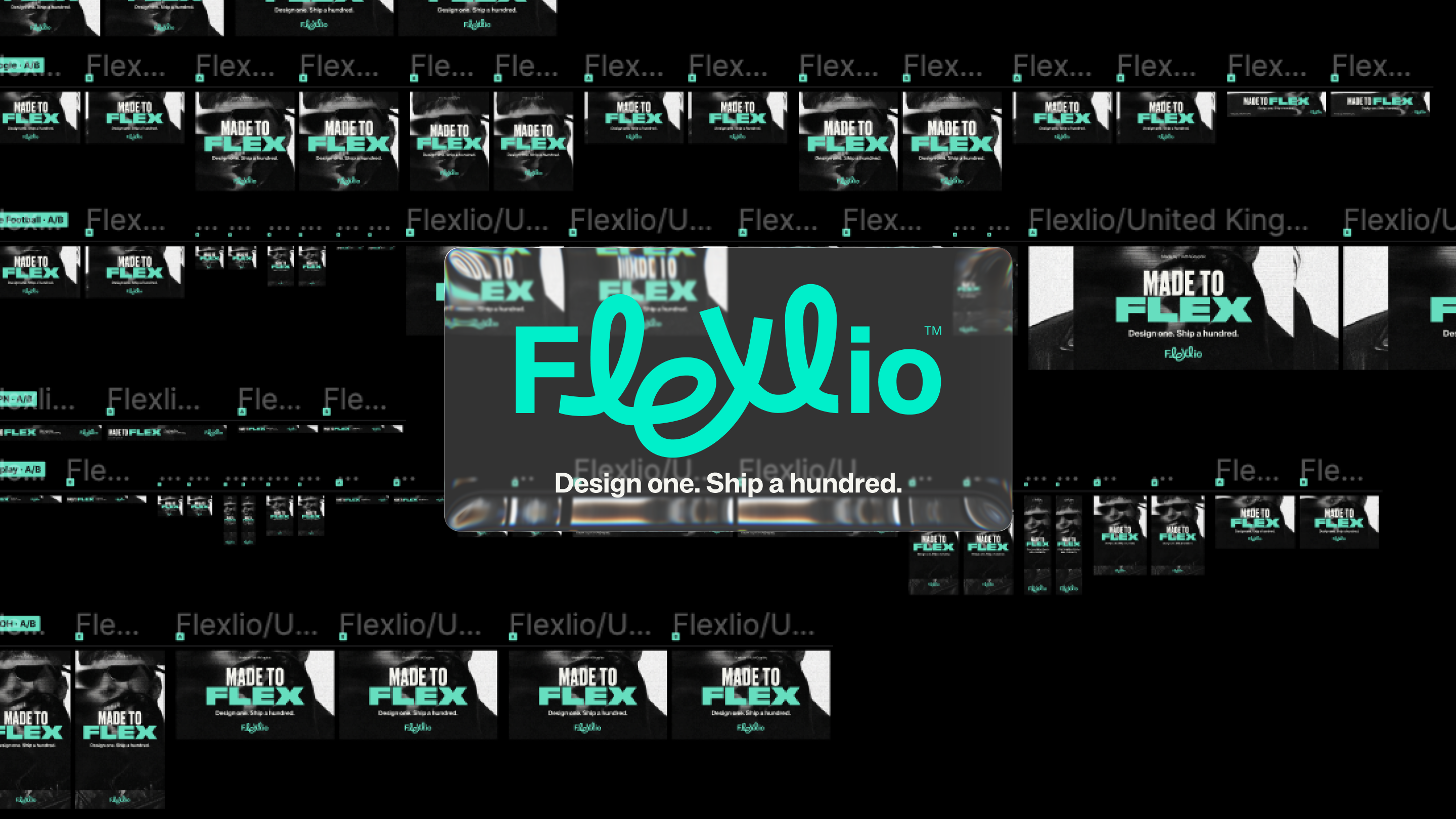 Grid of Flexlio-generated banner sets across multiple platform sizes, all sharing one master design