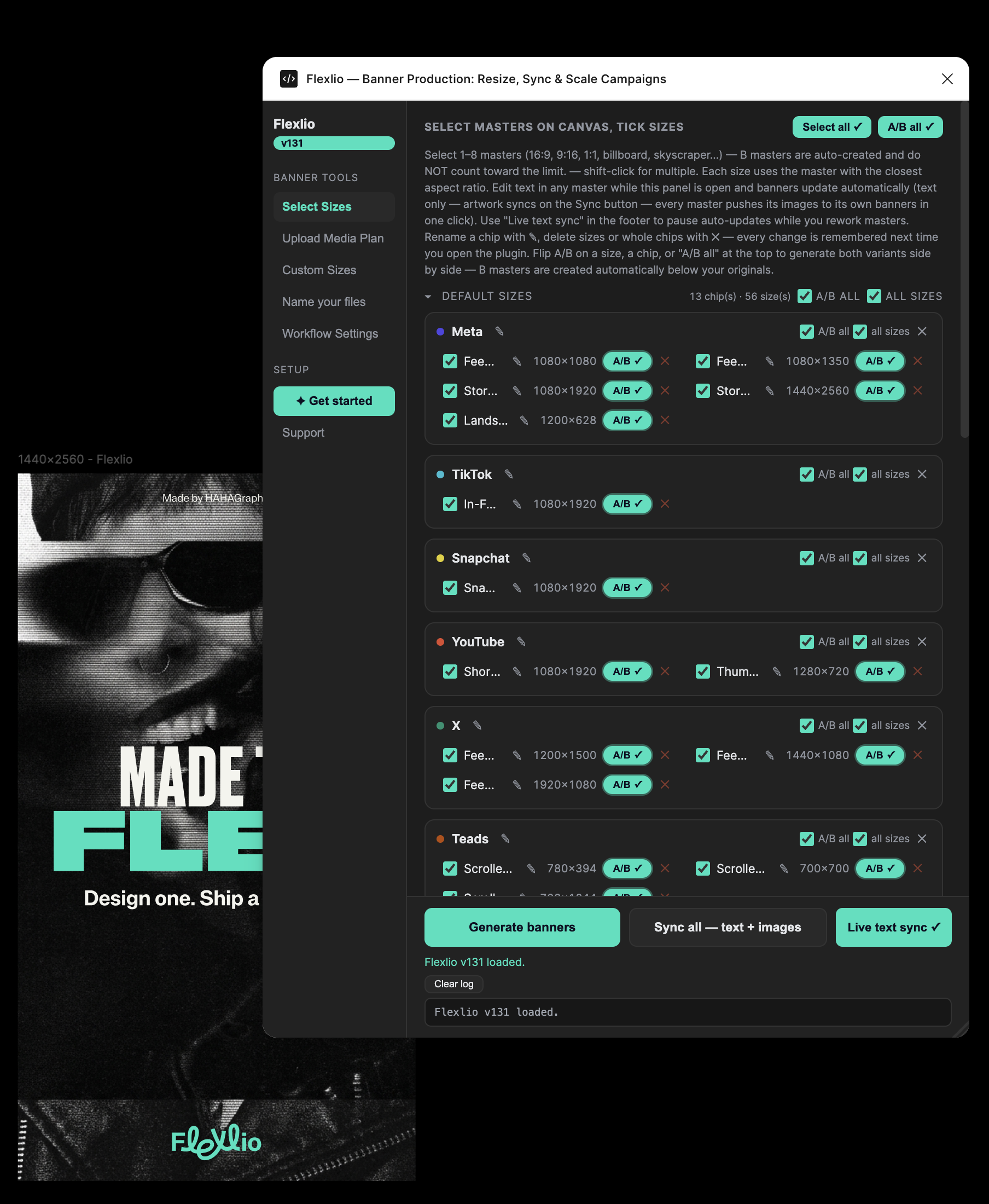 Flexlio plugin panel showing the Select Sizes tab with platform chips for Meta, TikTok, Snapchat, YouTube, X, and Teads