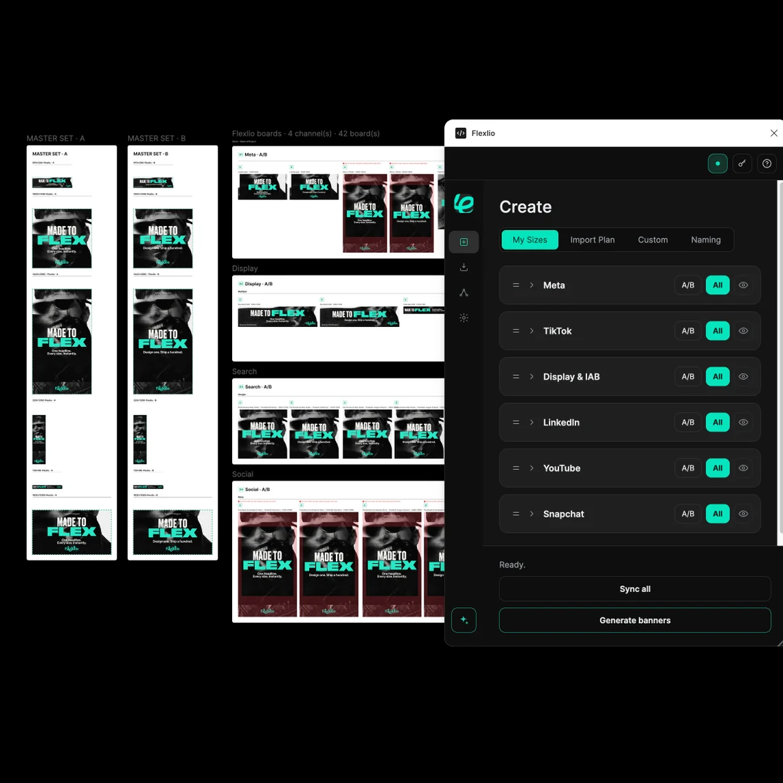 Flexlio's Create panel in Figma, generating banners across Meta, TikTok, Display & IAB, LinkedIn, YouTube and Snapchat from a master set.