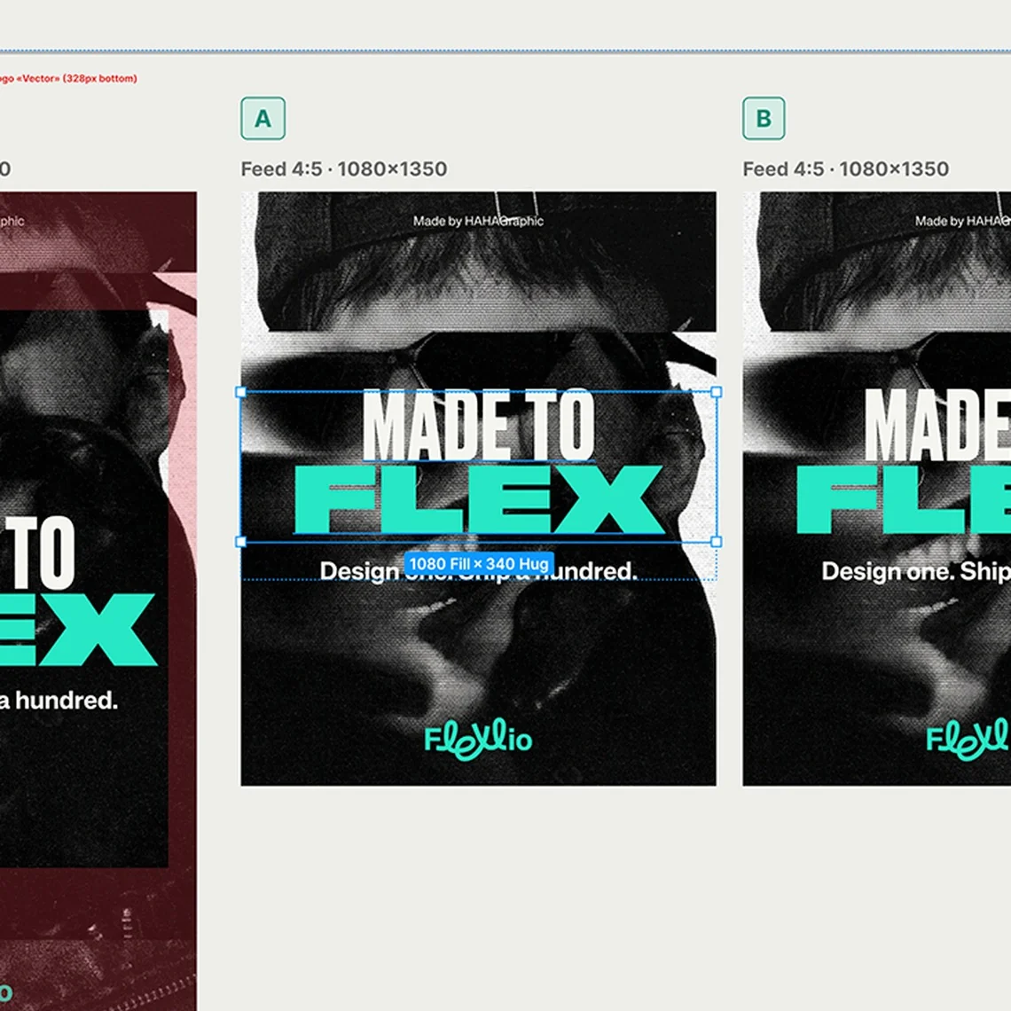 A generated Flexlio banner open in Figma with a text layer selected, showing normal, fully editable Figma frames.