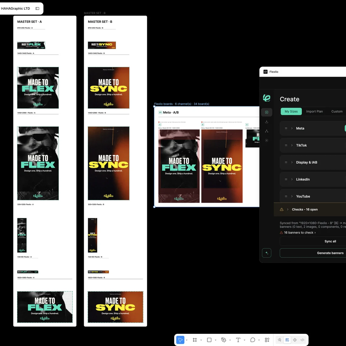 Flexlio's Sync panel in Figma, showing linked Flex and Sync master sets with checks to review before syncing.